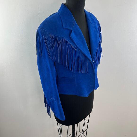 VINTAGE Pioneer Wear Blue Cowboy Western Suede Fringe Single Breasted Jacket VTG - Picture 5 of 9